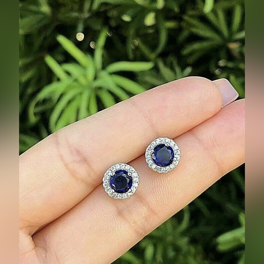 4 Ct Round Lab Created Blue & White Sapphire Halo Stud Earrings 14K White Gold